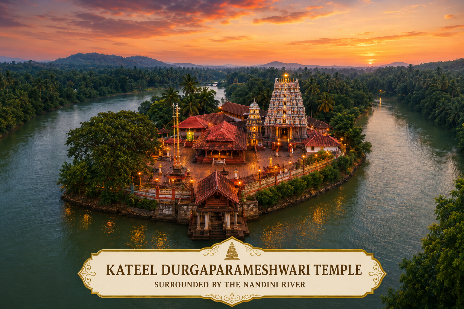 Kateel Durgaparameshwari Temple surrounded by the Nandini river